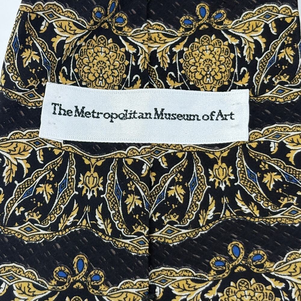 Vintage The Metropolitan Museum Of Art 1990s Silk Tie 56" x 4" Black Gold Floral - Picture 5 of 7
